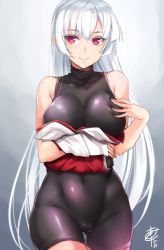 Rule 34 | 1girl, breast suppress, breasts, collarbone, covered navel, duplicate, highres, long hair, md5 mismatch, okitakung, original, red eyes, resized, sleeveless, smile, solo, taishi (picchiridou), tsuru-chan, very long hair, white hair, wide hips