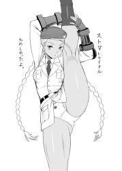 Rule 34 | 1girl, antenna hair, beret, braid, breasts, cammy white, cat, dr.p, fingerless gloves, flexible, gloves, greyscale, hat, long hair, looking at viewer, military, military uniform, monochrome, panties, simple background, solo, split, standing, standing on one leg, standing split, street fighter, street fighter ii (series), street fighter v, tan, twin braids, underwear, uniform, white background