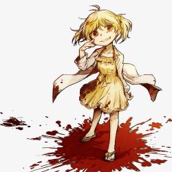 Rule 34 | 1girl, @ @, aliasing, arm behind back, blonde hair, blood, blood on clothes, blood splatter, bow, brown eyes, dress, flip-flops, full body, grin, hand up, lab coat, lapels, long sleeves, looking at viewer, notched lapels, original, painttool sai (medium), rakuni, sandals, simple background, smile, solo, standing, twintails, white background, yellow bow, yellow dress, yellow footwear