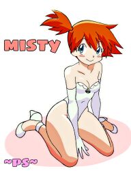 Rule 34 | 1girl, absurdres, asymmetrical hair, bare shoulders, blush, breasts, cosplay, cowboy shot, creatures (company), dress, game freak, gen 1 pokemon, gloves, goldeen, goldeen (cosplay), green eyes, hair tie, highres, legs, medium breasts, misty (pokemon), nintendo, open mouth, orange hair, pokemon, pokemon (anime), pokemon (classic anime), pokemon ep043, ponytail, red hair, short hair, side ponytail, simple background, small breasts, spread legs, thighs, waifuserena7u7, white background, white gloves