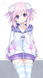 Rule 34 | 1girl, :o, absurdres, buran buta, choker, d-pad, d-pad hair ornament, hair ornament, highres, jacket, long sleeves, looking at viewer, neptune (neptunia), neptune (series), pink hair, purple eyes, short hair, simple background, solo, striped clothes, striped thighhighs, thighhighs, thighs, white background, white choker, white jacket