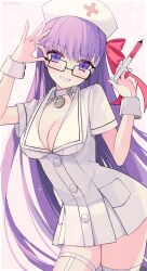 Rule 34 | 1388chan, 1girl, bb (bb shot!) (fate), bb (fate), black-framed eyewear, blush, breasts, choker, cleavage, cross, dress, fate/extra, fate/extra ccc, fate/grand order, fate (series), glasses, hair ribbon, hat, highres, holding, holding syringe, large breasts, long hair, looking at viewer, nurse, nurse cap, open clothes, open dress, pink ribbon, purple eyes, purple hair, red cross, ribbon, short dress, short sleeves, smile, solo, syringe, thighhighs, very long hair, white choker, wrist cuffs