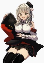 Rule 34 | 1girl, :d, azur lane, black footwear, black jacket, black skirt, boots, breasts, brown eyes, brown hair, character request, drill hair, hair ornament, highres, invisible chair, jacket, long hair, looking at viewer, luetzow (azur lane), nail polish, off shoulder, open mouth, red nails, shirt, simple background, sitting, skirt, smile, solo, sweetpotatojelly, thigh boots, twin drills, white background, white shirt