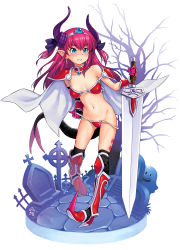 Rule 34 | 1girl, alternate costume, areola slip, armor, armored boots, asymmetrical horns, bare shoulders, bare tree, bikini armor, black eyes, blue eyes, blush, boots, cape, closed mouth, collar, cross, earrings, elbow gloves, elizabeth bathory (brave) (fate), elizabeth bathory (fate), elizabeth bathory (fate/extra ccc), elizabeth bathory (fate/grand order), embarrassed, fate/grand order, fate (series), frown, gauntlets, ghost, gloves, hairband, holding, holding sword, holding weapon, horns, jewelry, kazuma muramasa, knee boots, long hair, looking at viewer, looking to the side, midriff, navel, open mouth, oversized clothes, pauldrons, pink hair, pointy ears, red armor, red gloves, revealing clothes, sharp teeth, shoulder armor, shoulder pads, stomach, sword, tail, teardrop, teeth, tomboy, tombstone, tree, uneven horns, unsheathed, walking, wavy mouth, weapon, white cape