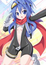 Rule 34 | 1girl, blue eyes, blue hair, blush, choujigen game neptune, fang, gloves, goggles, goggles on head, kagerou (kers), long hair, looking at viewer, navel, neptune (series), nippon ichi (neptunia), open mouth, scarf, solo, unzipped