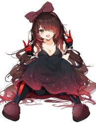 1girl black_dress bow breasts brown_eyes brown_hair cleavage double_v dress hair_bow hair_over_one_eye highres hololive long_hair roboco-san roboco-san_(night_dress) rudo_(rudorudo0917) sitting slippers v very_long_hair virtual_youtuber white_background