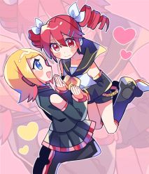 Rule 34 | 2girls, bare shoulders, belt, black shirt, black skirt, black sleeves, blonde hair, blue eyes, blush, bow, commentary, cosplay, costume switch, detached sleeves, drill hair, hair bow, hair ornament, hairclip, headphones, heart, holding hands, kagamine rin, kasane teto, kneeling, leg warmers, looking at another, looking at viewer, miniskirt, multiple girls, musical note, musical note print, neckerchief, palms together, pink background, pleated skirt, red eyes, red hair, shirt, short shorts, shorts, skirt, sleeveless, sleeveless shirt, treble clef, twin drills, utau, vocaloid, wavy mouth, white bow, white shirt, yellow neckerchief, yuusuke-kun, zoom layer