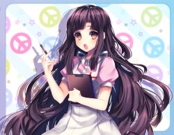 Rule 34 | 1girl, apron, artist name, blue hair, blunt bangs, blunt ends, blush, brown eyes, buttons, clipboard, collared shirt, colored inner hair, commentary, commission, danganronpa (series), danganronpa 2: goodbye despair, english commentary, hand up, highres, holding, holding clipboard, holding syringe, long hair, looking at viewer, multicolored apron, multicolored hair, open mouth, peace symbol, pink shirt, puffy short sleeves, puffy sleeves, purple hair, red apron, sasucchi95, shirt, short sleeves, sidelocks, simple background, solo, star (symbol), syringe, teeth, tsumiki mikan, two-tone apron, upper body, upper teeth only, very long hair, white apron