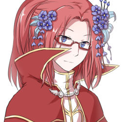 Rule 34 | 1boy, blue eyes, blue flower, capelet, closed mouth, commentary request, flower, glasses, hair flower, hair ornament, heart, high collar, high ponytail, high wizard (ragnarok online), looking at viewer, male focus, medium hair, natsuya (kuttuki), parted bangs, pink hair, ragnarok online, rectangular eyewear, red-framed eyewear, red capelet, semi-rimless eyewear, shirt, simple background, solo, under-rim eyewear, upper body, white background, white shirt
