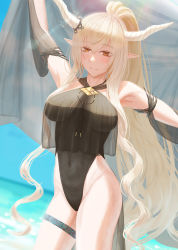 Rule 34 | 1girl, arknights, black one-piece swimsuit, blue sky, blush, breasts, closed mouth, covered navel, day, detached sleeves, dutch angle, gino (gino h), hands up, highleg, highleg swimsuit, highres, horn ornament, horn ring, horns, large breasts, long hair, looking at viewer, ocean, one-piece swimsuit, outdoors, pointy ears, ponytail, see-through, see-through sleeves, shining (arknights), sky, smile, solo, standing, swimsuit, tail, thigh strap, veil, very long hair
