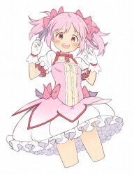 Rule 34 | 1girl, aaauuueeerrr, bare legs, bow, breasts, bubble skirt, buttons, center frills, choker, cowboy shot, cropped legs, dot nose, frilled skirt, frilled sleeves, frills, gloves, hair ribbon, hands up, kaname madoka, legs apart, light blush, mahou shoujo madoka magica, mahou shoujo madoka magica (anime), open mouth, pink bow, pink eyes, pink hair, pink ribbon, puffy short sleeves, puffy sleeves, red choker, red ribbon, ribbon, ribbon choker, round teeth, short sleeves, short twintails, sidelocks, simple background, skirt, small breasts, smile, solo, soul gem, tareme, teeth, twintails, upper teeth only, waist bow, white background, white gloves, white skirt