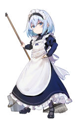 Rule 34 | 1girl, alternate costume, apron, blue eyes, blue hair, broom, bucket, enmaided, full body, hand on own hip, highres, looking at viewer, maid, maid apron, maid day, maid headdress, ryuuou no oshigoto!, shirabi, short hair, simple background, solo, sora ginko, standing, white background, aged down