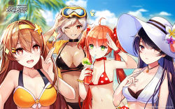 Rule 34 | + +, 4girls, :d, ahoge, arm up, armpits, bare arms, bare shoulders, bikini, bikini tan, black bikini, black choker, bow, bracelet, breasts, brown hair, choker, cleavage, collarbone, cup, day, drinking, drinking glass, drinking straw, flower, girl cafe gun, goggles, goggles on head, green eyes, grin, hair bow, hair ornament, hairband, hairclip, hand up, hat, hat flower, holding, irene white (girl cafe gun), iritoa, jacket, jewelry, large breasts, lida romero, long hair, looking at viewer, medium breasts, multiple girls, navel, necklace, notice lines, official art, one eye closed, open clothes, open jacket, open mouth, orange hair, outdoors, parted lips, purple hair, red choker, red eyes, rococo (girl cafe gun), selfie, shi wuxia, small breasts, smile, stomach, string bikini, sun hat, swimsuit, symbol-shaped pupils, tan, tanline, twintails, watermark, white bikini, white hair, white headwear, wristband, yellow bikini, yellow jacket
