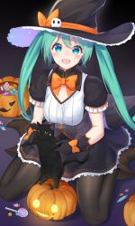 Rule 34 | 1girl, animal, aqua eyes, aqua hair, bib (bibboss39), black cat, black dress, black pantyhose, blush, bow, bowtie, breasts, candy, cat, commentary, dress, food, framed breasts, frilled skirt, frilled sleeves, frills, halloween, hat, hat bow, hatsune miku, highres, holding, holding animal, holding cat, jack-o&#039;-lantern, lollipop, long hair, looking at viewer, medium breasts, open mouth, orange neckwear, pantyhose, short sleeves, sitting, skirt, skull, smile, standing, twintails, very long hair, vocaloid, wariza, witch, witch hat