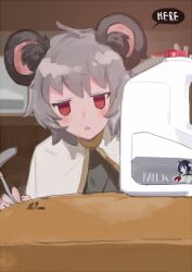 Rule 34 | 1girl, animal ear fluff, animal ears, commentary request, cookie (touhou), english text, grey hair, kebabu 01, kofji (cookie), looking at viewer, medium bangs, milk, milk (cookie), mouse ears, mouse girl, murasa minamitsu, nazrin, open mouth, red eyes, shelf, short hair, solo, table, touhou, upper body