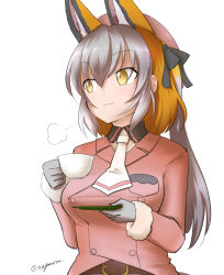 Rule 34 | animal ears, blazer, gloves, hat, island fox (kemono friends), jacket, kemono friends, kemono friends v project, long hair, necktie, school uniform, shirt, shoes, silver hair, skirt, smile, solo, tail, taurine 8000mg, twintails, virtual youtuber
