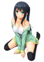 Rule 34 | 1girl, arm support, bad id, bad pixiv id, bare shoulders, black hair, black thighhighs, blush, body blush, breasts, chiro, cleavage, collarbone, full body, green eyes, large breasts, light smile, long hair, looking at viewer, no shoes, off shoulder, original, ponytail, seiza, simple background, sitting, solo, strap slip, tank top, thighhighs, wariza, white background