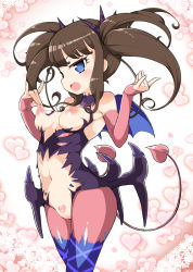 Rule 34 | 1girl, blue eyes, breasts, bridal gauntlets, brown hair, cleft of venus, demon girl, demon tail, gradient background, heart, heart background, heart tattoo, kurosu aroma, long hair, navel, nipples, open mouth, pantyhose, pretty series, pripara, pubic tattoo, pussy, revealing clothes, solo, tail, tattoo, wings, zootan