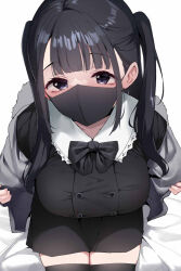 Rule 34 | 1girl, black bow, black bowtie, black eyes, black hair, black mask, black skirt, black thighhighs, blunt bangs, bow, bowtie, breasts, commentary request, grey jacket, jacket, large breasts, long hair, looking at viewer, mask, mouth mask, open clothes, open jacket, original, simple background, sitting, skirt, solo, terazip, thighhighs, thighs, twintails, white background, zettai ryouiki