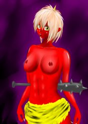 Rule 34 | 1girl, breasts, club, colored skin, horn, keiohsawa, nipples, oni, original, pointy ears, red skin, solo, topless, weapon