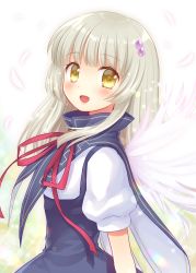 Rule 34 | 1girl, :d, blue dress, blush, brown eyes, brown hair, commentary request, dress, feathered wings, feathers, flyable heart, hair bobbles, hair ornament, highres, long hair, looking at viewer, nakamura hinato, neck ribbon, open mouth, puffy short sleeves, puffy sleeves, red ribbon, ribbon, shirt, short sleeves, sidelocks, sleeveless, sleeveless dress, smile, solo, sparkle background, white feathers, white shirt, white wings, wings, yukishiro suzuno