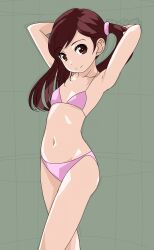 Rule 34 | 1girl, adjusting hair, armpits, arms behind head, bikini, brown eyes, brown hair, cowboy shot, dot nose, flat chest, from side, hair ornament, highres, long hair, looking at viewer, midriff, navel, original, pink bikini, rohitsuka, smile, solo, standing, swimsuit, twintails