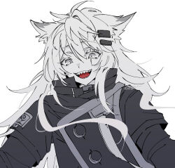 1girl animal_ears arknights artist_name black_coat citron80citron coat commentary cowlick grey_eyes hair_between_eyes hair_ornament hairclip lappland_(arknights) long_hair looking_at_viewer open_mouth scar scar_across_eye sharp_teeth simple_background solo teeth upper_body white_background wolf_ears