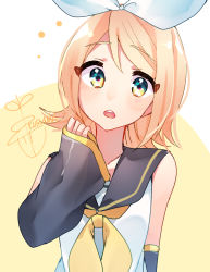 Rule 34 | 1girl, absurdres, aqua eyes, artist name, bad id, bad pixiv id, black sleeves, bow, detached sleeves, hair bow, hand up, highres, kagamine rin, kusunokimizuha, light blush, looking at viewer, multicolored eyes, neckerchief, open mouth, pinching sleeves, sailor collar, sailor shirt, shirt, signature, simple background, sleeveless, sleeveless shirt, solo, teeth, upper body, upper teeth only, vocaloid, white bow, white shirt, yellow background, yellow eyes, yellow neckerchief