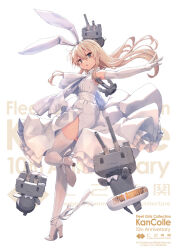 Rule 34 | 1girl, anchor hair ornament, blonde hair, dress, elbow gloves, full body, gloves, hair ornament, hairband, kantai collection, long hair, looking at viewer, official art, open mouth, outstretched arms, rensouhou-chan, shimakaze (kancolle), shizuma yoshinori, solo, thighhighs, wedding dress, white background, white dress, white gloves