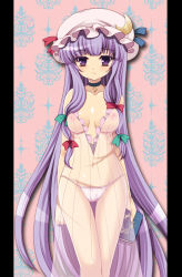 Rule 34 | 1girl, blush, book, breasts, choker, collarbone, crescent, female focus, hair ribbon, hat, holding, holding book, kumao mofumofu, long hair, looking at viewer, nipples, panties, patchouli knowledge, pillarboxed, purple eyes, purple hair, ribbon, ribbon choker, see-through, solo, touhou, underwear, white panties