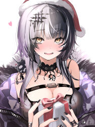 Rule 34 | 1girl, absurdres, bare shoulders, black hair, black nails, blush, breasts, cleavage, commentary, english commentary, gift, grey hair, hat, heart, highres, holding, holding gift, hololive, hololive english, jacket, large breasts, looking ahead, multicolored hair, open mouth, purple jacket, santa hat, shiori novella, simple background, solo, split-color hair, upper body, virtual youtuber, white background, yellow eyes, yunon oto mad