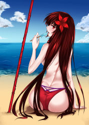 Rule 34 | 1girl, arm at side, ass, backboob, beach, bikini, bikini bottom only, blue sky, blush, breasts, butt crack, cloud, day, eating, fate/grand order, fate (series), flower, food, from behind, hair flower, hair ornament, highres, holding, holding food, horizon, kagura ren, long hair, looking at viewer, looking back, medium breasts, ocean, on ground, open mouth, outdoors, polearm, popsicle, profile, red bikini, red eyes, red flower, red hair, sand, scathach (fate), scathach (fate), shore, side-tie bottom, sitting, sky, solo, spear, summer, swimsuit, topfreedom, topless, very long hair, water, weapon