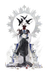 Rule 34 | amulet, bird, black dress, black footwear, black gloves, blood, blood on clothes, blood on flower, blood on ground, blood splatter, bloodborne, bloodytongue666, blue bow, blue ribbon, boots, bow, bowtie, candy, cloak, crossed legs, crow, death, dress, elbow gloves, exploded head, eyeball, fire, flower, food, gloves, highres, holding, holding skull, jewelry, laurence the first vicar, long sleeves, organs, ribbon, ring, simple background, sitting, skull, sleeves past elbows, statue, tombstone, white background, white cloak, white dress, white fire, white flower