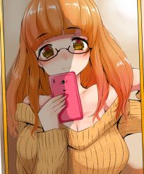 Rule 34 | 10s, 1girl, bare shoulders, blunt bangs, blush, breasts, brown eyes, brown hair, cellphone, cleavage, girls und panzer, glasses, han (jackpot), huge breasts, long hair, looking at viewer, off-shoulder, off-shoulder sweater, off shoulder, phone, selfie, smartphone, smile, solo, sweater, takebe saori, upper body