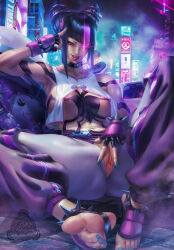 Rule 34 | 1girl, baggy pants, black hair, bracelet, breasts, center opening, collar, feet, fingerless gloves, gloves, glowing, glowing eye, grin, hair horns, halterneck, han juri, highres, jewelry, kuiyanxu, large breasts, looking at viewer, multicolored hair, nail polish, neon lights, pants, presenting, purple hair, pussy, sitting, smile, solo, spiked anklet, spiked bracelet, spiked collar, spikes, spread pussy, street fighter, street fighter 6, toeless legwear, toenail polish, toenails, tongue, tongue out, uncensored