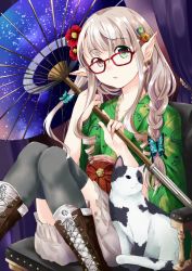 Rule 34 | 1girl, black thighhighs, boots, braid, butterfly hair ornament, cat, cross-laced footwear, drill hair, earrings, flower, glasses, hair flower, hair ornament, han&#039;eri, japanese clothes, jewelry, kimono, lace-up boots, nanana (nanana iz), oil-paper umbrella, original, pointy ears, red-framed eyewear, single braid, thighhighs, umbrella