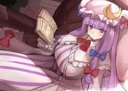 Rule 34 | 1girl, amedibi, blue bow, blunt bangs, blush, book, book stack, bow, bowtie, breasts, capelet, commentary request, couch, crescent, crescent hat ornament, dress, dress bow, expressionless, hair bow, hat, hat bow, hat ornament, highres, holding, holding book, large breasts, long hair, looking at viewer, mob cap, open book, patchouli knowledge, purple eyes, purple hair, red bow, red bowtie, robe, sitting, solo, striped clothes, striped dress, touhou, vertical-striped clothes, vertical-striped dress, very long hair