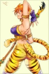 Rule 34 | 1girl, animal ears, arm up, armlet, armpits, ass, back, bandages, breasts, breath of fire, breath of fire ii, capcom, cat ears, cat tail, cowboy shot, english text, fingerless gloves, from behind, fur, gloves, halterneck, highres, holding, holding staff, looking back, no panties, no pants, orange eyes, orange hair, pixie cut, rinpoo chuan, short hair, simple background, slit pupils, smile, solo, staff, striped, tail, tusia