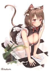 Rule 34 | 1girl, absurdres, all fours, animal ear fluff, apron, armband, ass, bandaid, bandaid on face, bandaid on nose, blush, bow, breasts, brown eyes, cat girl, cat tail, checkered floor, cleaning, cleavage, clothing cutout, cup, dress, drinking glass, earrings, facial mark, fish hair ornament, frills, hair ornament, hairclip, haruka poi, heart, heart facial mark, highres, holding cloth, jewelry, large breasts, maid, maid headdress, medium hair, neck ribbon, no shoes, nose blush, one side up, original, red eyes, ribbon, see-through, see-through legwear, short dress, sleeveless, sleeveless dress, solo, spill, spilled milk, suggestive fluid, tail, tail bow, tail ornament, tearing up, thighhighs, wiping