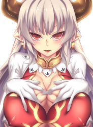 Rule 34 | 10s, 1girl, alicia (granblue fantasy), breast press, breasts, cleavage, collar, cross, cross earrings, deep skin, draph, earrings, covered erect nipples, fi-san, finger to mouth, gloves, granblue fantasy, horns, jewelry, large breasts, long hair, looking at viewer, open mouth, paizuri invitation, pointy ears, skindentation, smile, solo, tongue, transparent background