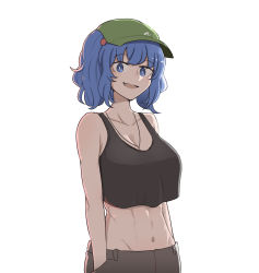 Rule 34 | 1girl, abs, blue eyes, blue hair, breasts, brown pants, cleavage, collarbone, crop top, flat cap, green hat, hair bobbles, hair ornament, hat, highres, hip bones, jewelry, kawashiro nitori, large breasts, looking at viewer, mata (matasoup), medium hair, necklace, pants, short twintails, sidelocks, simple background, sleeveless, smile, solo, touhou, twintails, two side up, white background