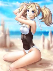 Rule 34 | 1girl, adapted costume, arms up, bare arms, bare shoulders, beach, blonde hair, blue eyes, blue sky, blush, breasts, casual one-piece swimsuit, closed mouth, corset, day, feet out of frame, fire emblem, fire emblem awakening, frilled swimsuit, frills, gigamessy, groin, hairdressing, halterneck, lens flare, lissa (fire emblem), looking up, nintendo, ocean, on ground, one-piece swimsuit, outdoors, parted bangs, sand, sand castle, sand sculpture, shore, sitting, sky, small breasts, smile, solo, swimsuit, thighs, twintails, wariza, white one-piece swimsuit