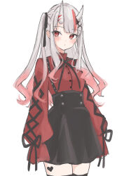 Rule 34 | 1girl, absurdres, alternate costume, black ribbon, black skirt, blush, closed mouth, commentary, cowboy shot, dot mouth, dot nose, gradient hair, grey hair, hair ribbon, high-waist skirt, highres, hololive, jirai kei, long hair, long sleeves, looking at viewer, multicolored hair, nakiri ayame, neck ribbon, nisi ki no, oni, red eyes, red hair, red shirt, ribbon, shirt, simple background, skirt, sleeves past fingers, sleeves past wrists, solo, standing, streaked hair, twintails, two side up, virtual youtuber, white background