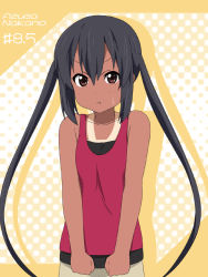 Rule 34 | 1girl, :t, bare shoulders, black hair, brown eyes, casual, clenched hand, clenched hands, ikari manatsu, k-on!, long hair, nakano azusa, pout, solo, tan, tank top, tanline, twintails