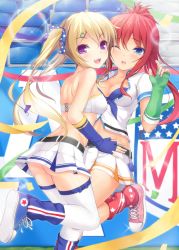 Rule 34 | 2girls, ass, bad id, bad pixiv id, bare back, belt, blonde hair, breasts, cheerleader, cleavage, hair ornament, hair ribbon, hairclip, highres, hug, lens flare, long hair, looking at viewer, looking back, multiple girls, original, ponytail, purple eyes, red hair, ribbon, shoes, skirt, sneakers, standing, standing on one leg, strapless, thighhighs, tiphereth, tube top, twintails, wince