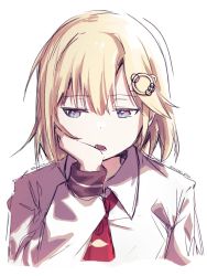Rule 34 | 1girl, blonde hair, blue eyes, cropped torso, hair behind ear, hair ornament, highres, hololive, hololive english, misaki d3su, necktie, open mouth, red necktie, short hair, solo, twitter username, upper body, virtual youtuber, watson amelia