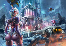 Rule 34 | 1girl, android, ass, blue hair, body writing, bodysuit, breasts, bridal gauntlets, castle, cyborg, from behind, glowing, glowing eyes, gradient hair, hat, headgear, huge ass, huge breasts, large breasts, leotard, long hair, looking at viewer, looking back, mecha, mountain, multicolored hair, night, original, parted lips, poncho, red eyes, robot, scenery, science fiction, shiny clothes, shiny skin, short hair, silver hair, thighhighs, thong, thong leotard, tower, yoshimoto (dear life)