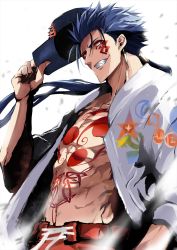 Rule 34 | 1boy, abs, bare pectorals, baseball cap, black hat, blue hair, chest tattoo, cu chulainn (fate), cu chulainn (fate) (all), cu chulainn (fate/stay night), cu chulainn alter (fate), cu chulainn alter (fate/grand order), earrings, facepaint, fate/grand order, fate (series), grin, hair strand, hat, highres, holding, holding clothes, holding hat, jewelry, kawabata yoshihiro, lancer, long hair, male focus, open clothes, open shirt, pectorals, ponytail, red eyes, red shorts, sharp teeth, shirt, shorts, simple background, smile, solo, tattoo, teeth, under the same sky, unworn hat, unworn headwear, upper body, white background, white shirt