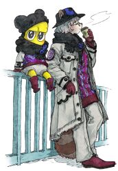 Rule 34 | 1boy, 1girl, against railing, alternate costume, animal ears, animal nose, beanie, black eyes, black scarf, blush, boots, bucket hat, coat, coffee cup, colored skin, commentary request, covered mouth, cup, disposable cup, dress shoes, drinking, ears through headwear, from side, full body, glasses, gloves, grey coat, grey hair, grey pants, grey shorts, hat, highres, holding, holding cup, knee boots, leaning back, long sleeves, looking at viewer, mode aim, multicolored clothes, multicolored sweater, on railing, open clothes, open coat, pants, peanuts-kun, ponpoko (vtuber), profile, raccoon ears, raccoon girl, raccoon tail, railing, red footwear, red gloves, red sweater, scarf, scarf over mouth, short hair, shorts, simple background, sitting, smile, standing, steam, sweater, sweater vest, tail, usagisawa, virtual youtuber, wavy hair, white background, yellow skin