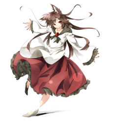 Rule 34 | 1girl, animal ears, brooch, brown hair, fingernails, full body, gorilla (bun0615), highres, imaizumi kagerou, jewelry, long fingernails, long hair, long sleeves, looking at viewer, red eyes, shirt, simple background, skirt, smile, solo, tail, touhou, very long hair, werewolf, white background, wide sleeves, wolf ears